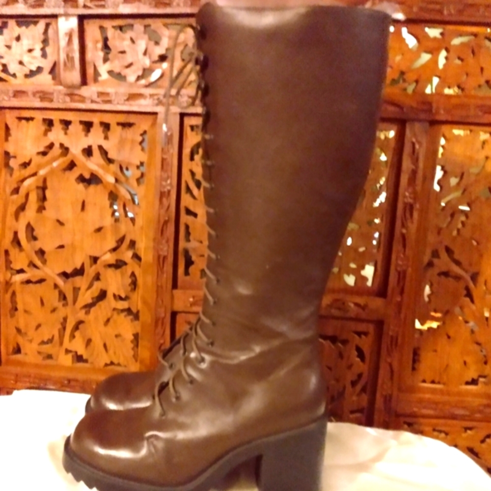 🤎 RARE Vintage Chocolate Brown Genuine Leather Knee High Combat Boots - 7.5M